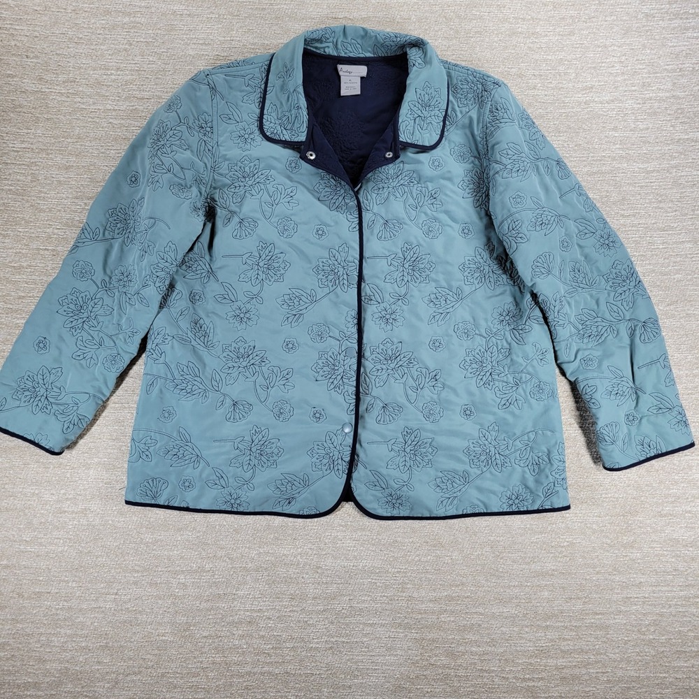 Analogy Embroidered Quilted Floral Jacket XL Sage Blue Snap Front Lightweight